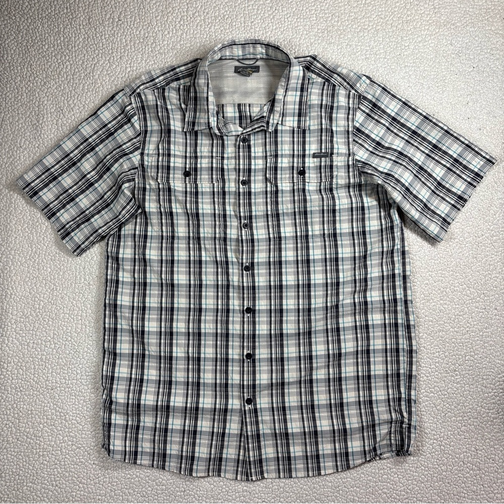 Eddie Bauer Travex Short Sleeve Button Down Shirt Men TL Blue/Navy Plaid Hiking
